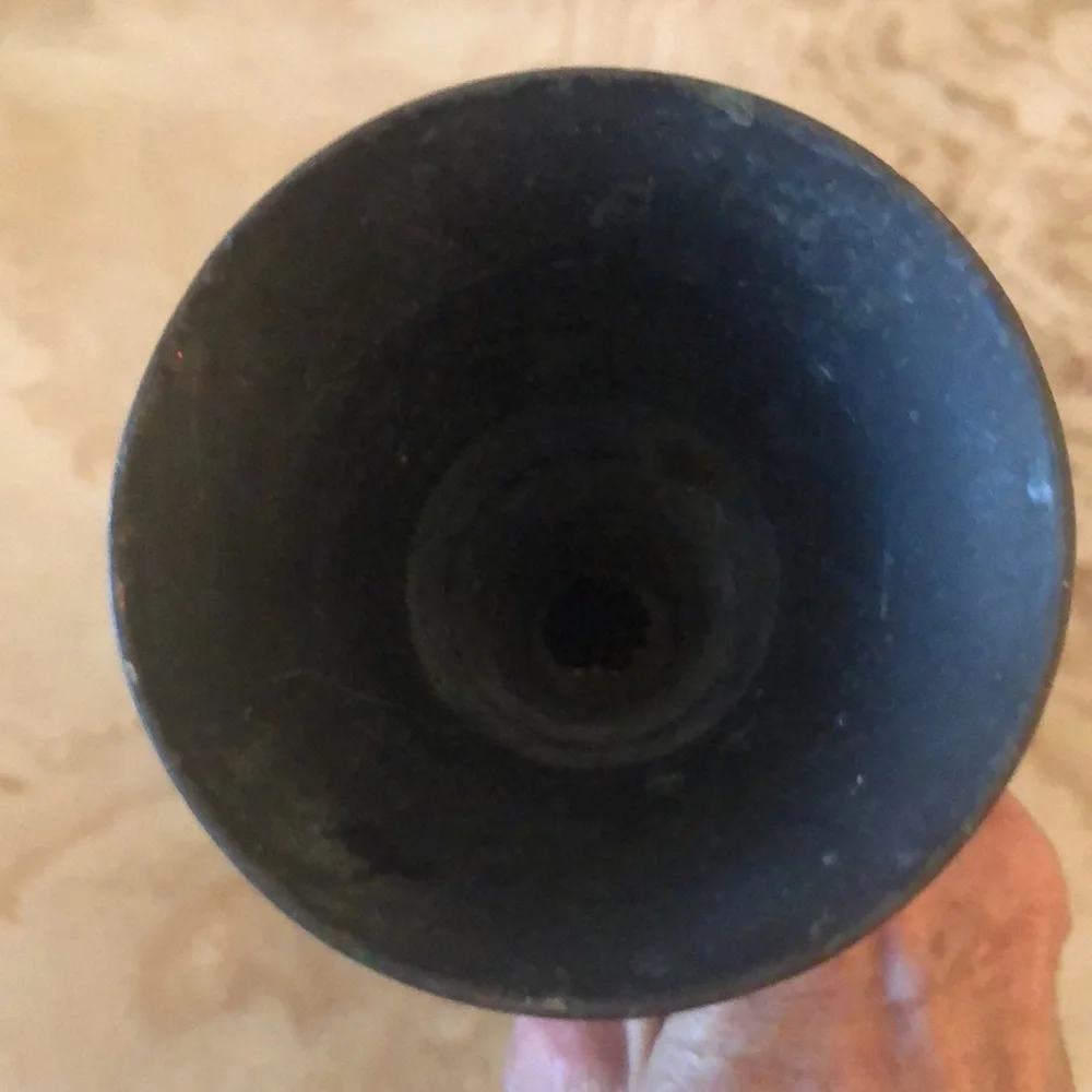 BLACK PAINTED BRASS VASE W GOLD ETCHED FLORAL DESIGN • 8” x 3” • VINTAGE